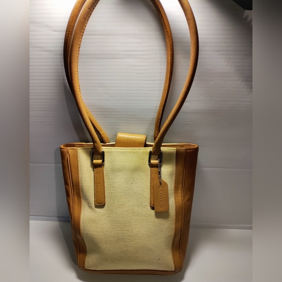 VINTAGE COACH 9429 BONNIE BUCKET LINEN LEATHER TAN CREAM SHOULDER BAG - Picture 1 of 13